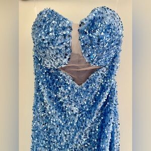 Blue Sequin Strapless Evening Gown Prom Wedding Guest Formal Floor Length Dress